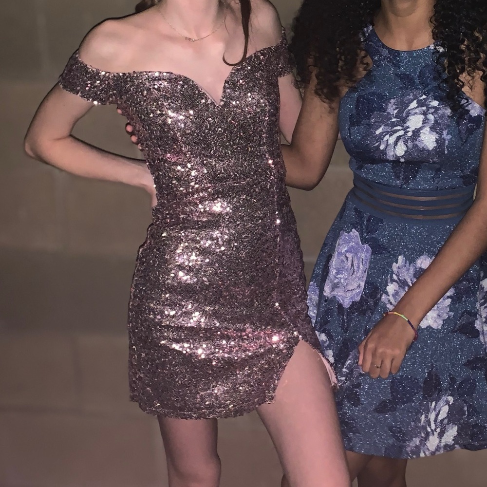 Pink sequin off the shoulder mini dress